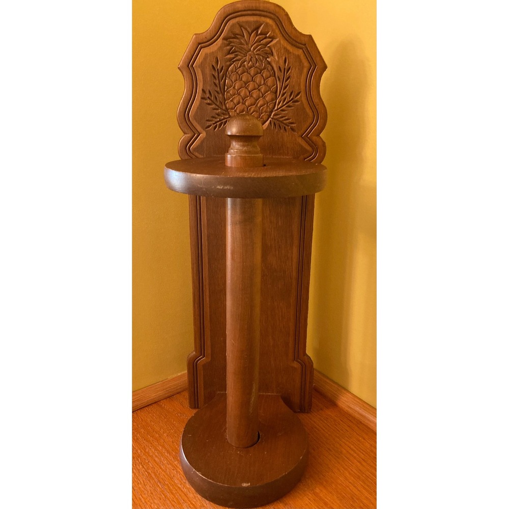 Vintage Wood Paper Towel Holder with Pineapple Carved Backing Retro